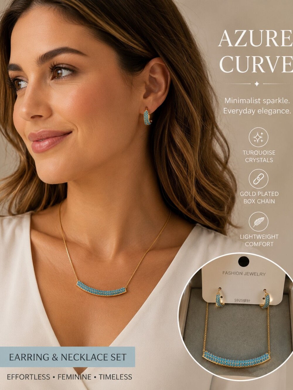 Minimalist Gold Plated Box Chain Necklace and Earring Set w/ Turquoise Crystals